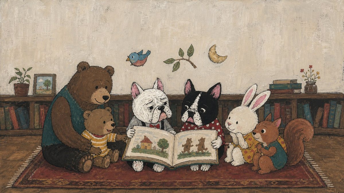 クマの親子・2匹の犬・ウサギ・リスが一緒に絵本を読むイラスト