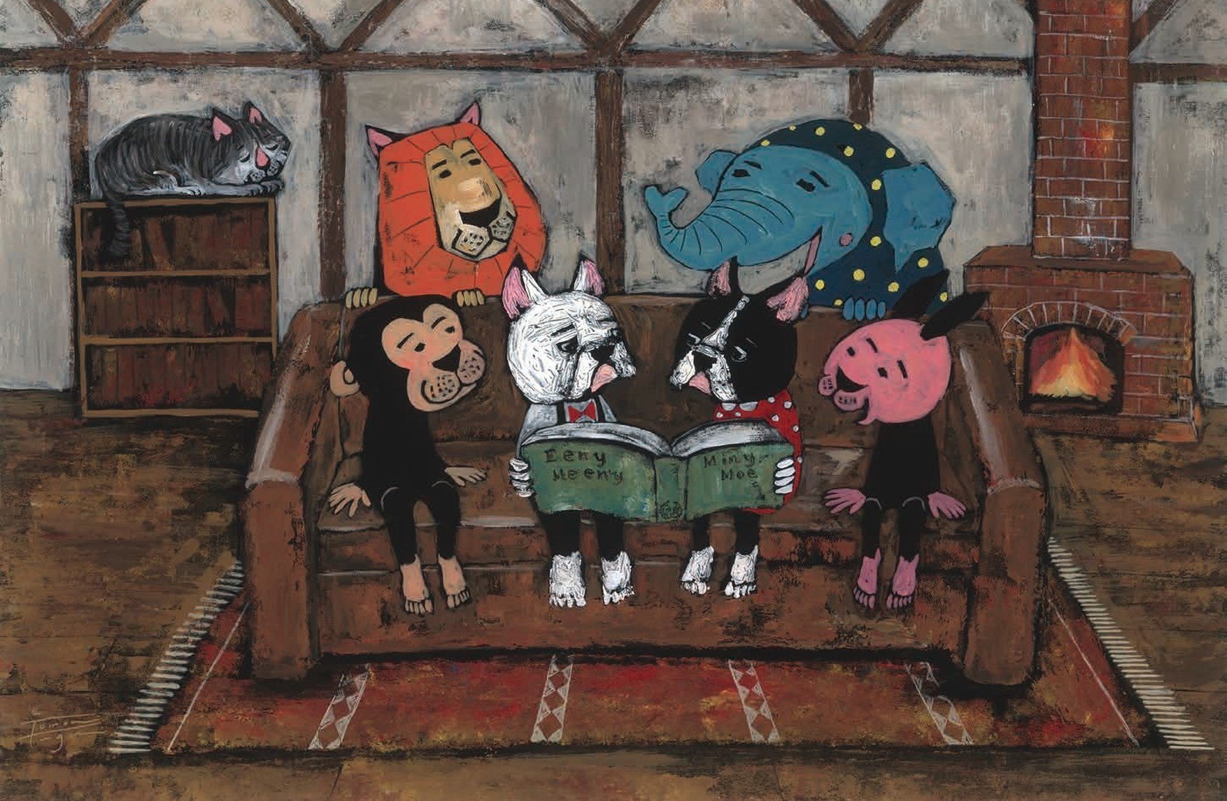 ソファで英語の絵本を読む動物たち（イラスト：谷口智則）