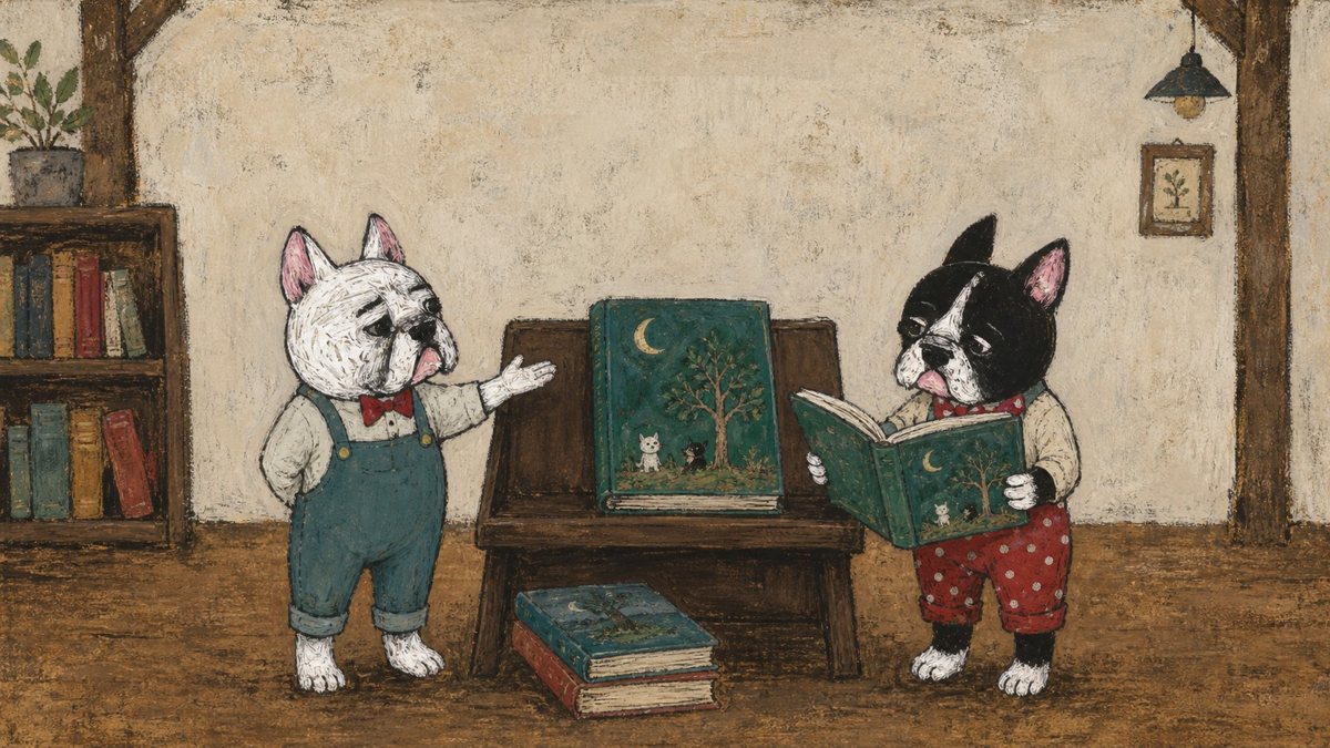 おすすめの絵本を紹介する2匹の犬のイラスト